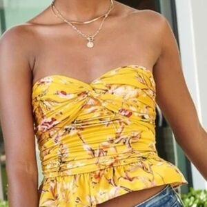 Express Mustard Floral Strapless Peplum Blouse
